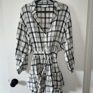 Plaid Button-Up Dress with Drawstring Waist